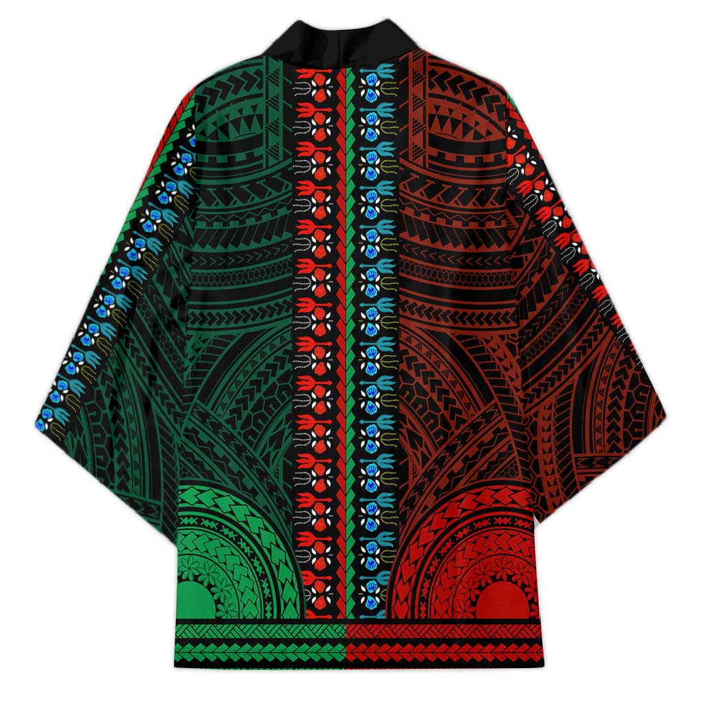 African Dashiki and Polynesian Pattern Kimono Half Green-Red