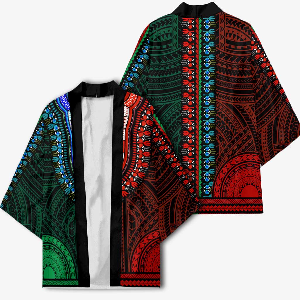 African Dashiki and Polynesian Pattern Kimono Half Green-Red
