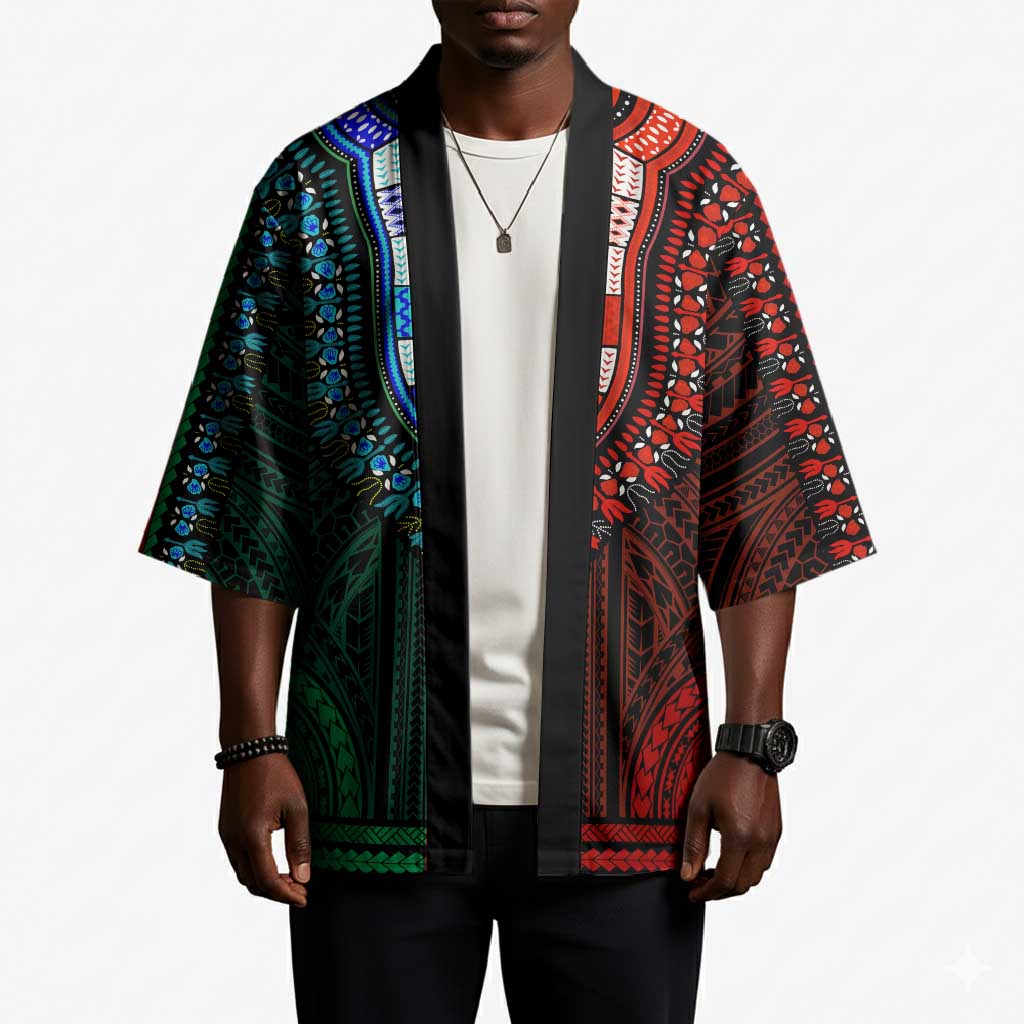 African Dashiki and Polynesian Pattern Kimono Half Green-Red