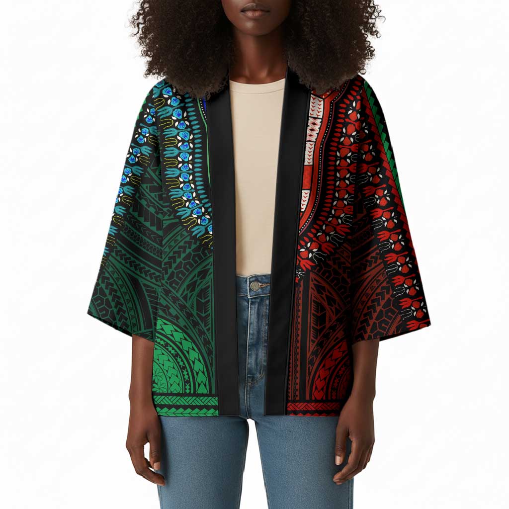 African Dashiki and Polynesian Pattern Kimono Half Green-Red