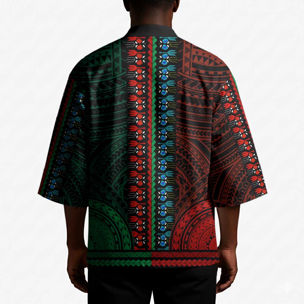 African Dashiki and Polynesian Pattern Kimono Half Green-Red