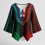 African Dashiki and Polynesian Pattern Kimono Sleeve Blouse Half Green-Red
