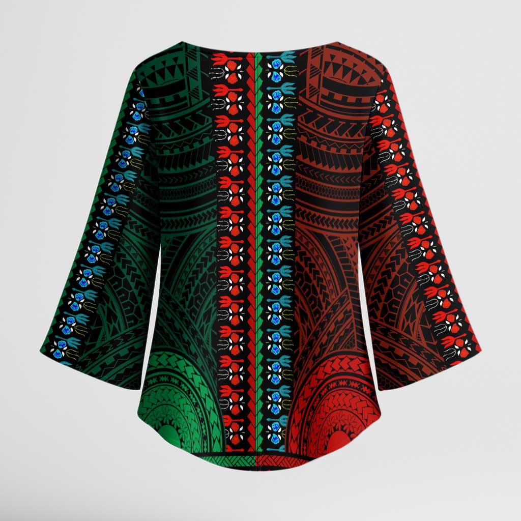 African Dashiki and Polynesian Pattern Kimono Sleeve Blouse Half Green-Red