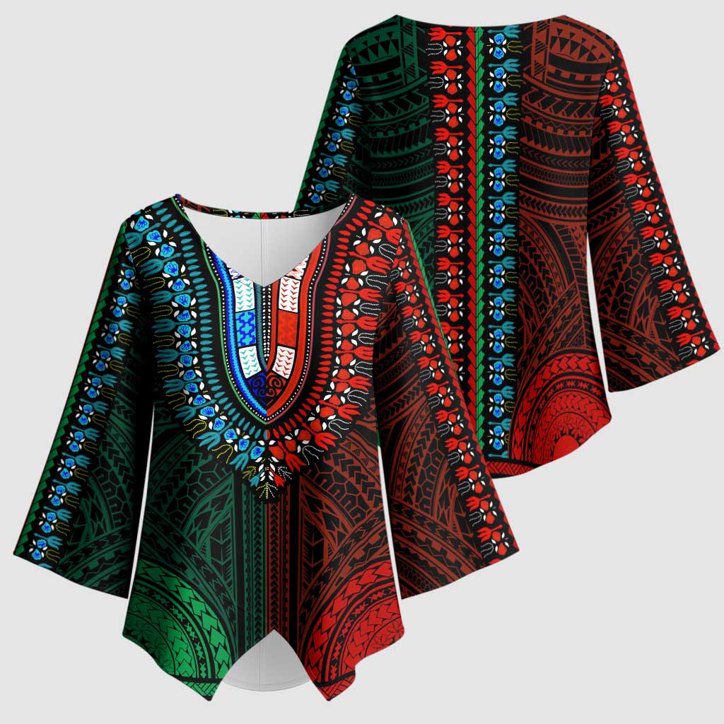 African Dashiki and Polynesian Pattern Kimono Sleeve Blouse Half Green-Red