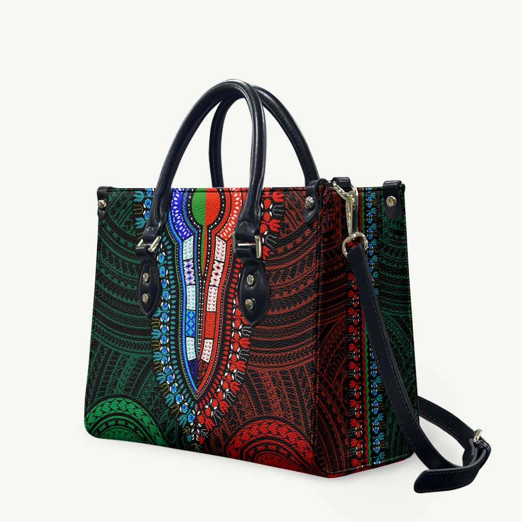 African Dashiki and Polynesian Pattern Leather Bag Half Green-Red