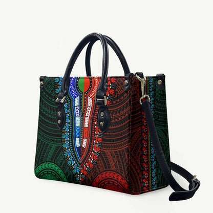 African Dashiki and Polynesian Pattern Leather Bag Half Green-Red