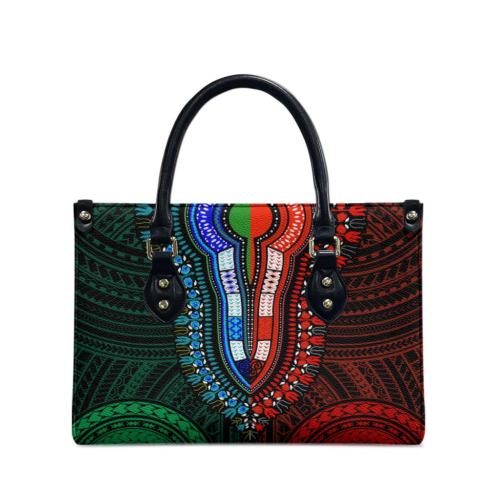 African Dashiki and Polynesian Pattern Leather Bag Half Green-Red