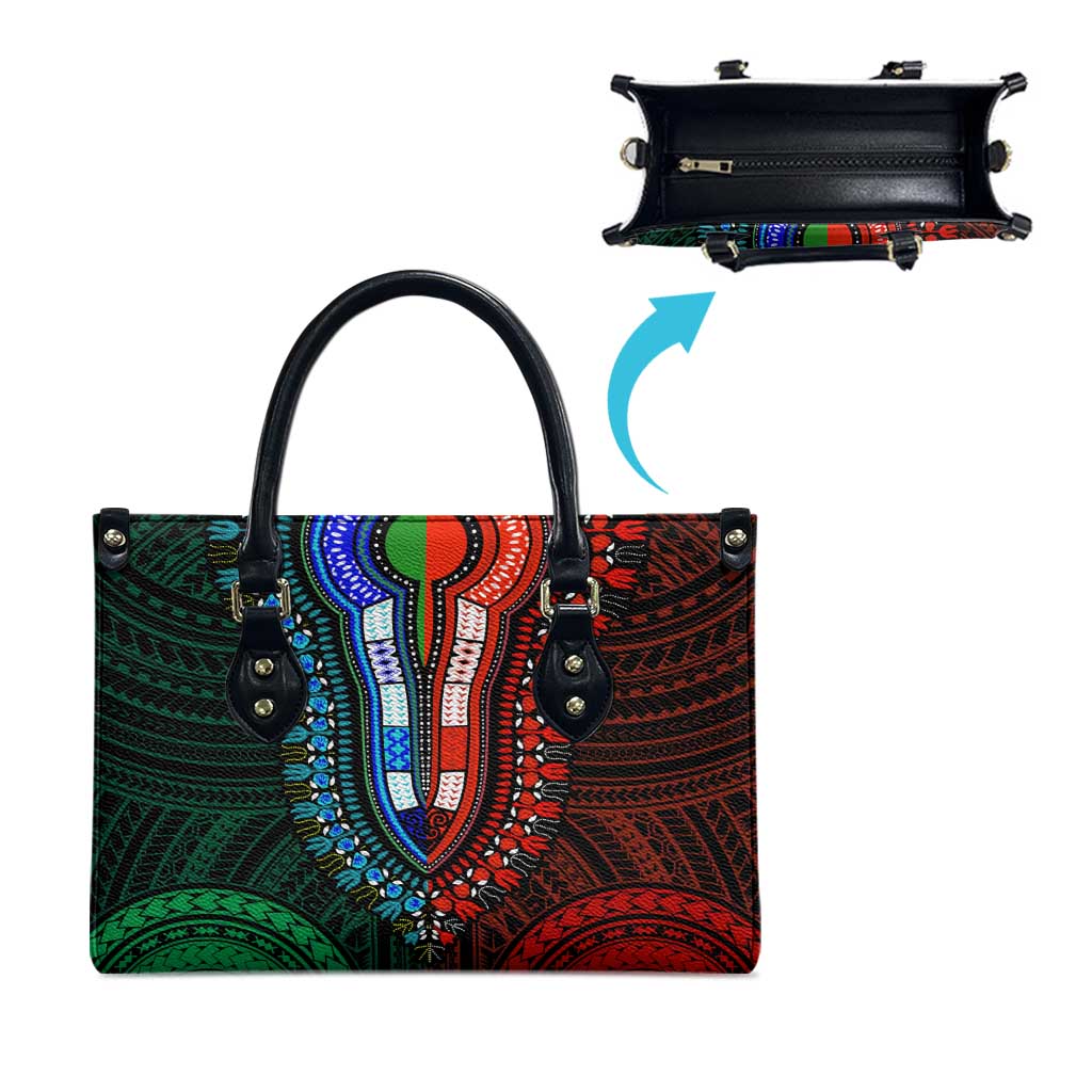African Dashiki and Polynesian Pattern Leather Bag Half Green-Red