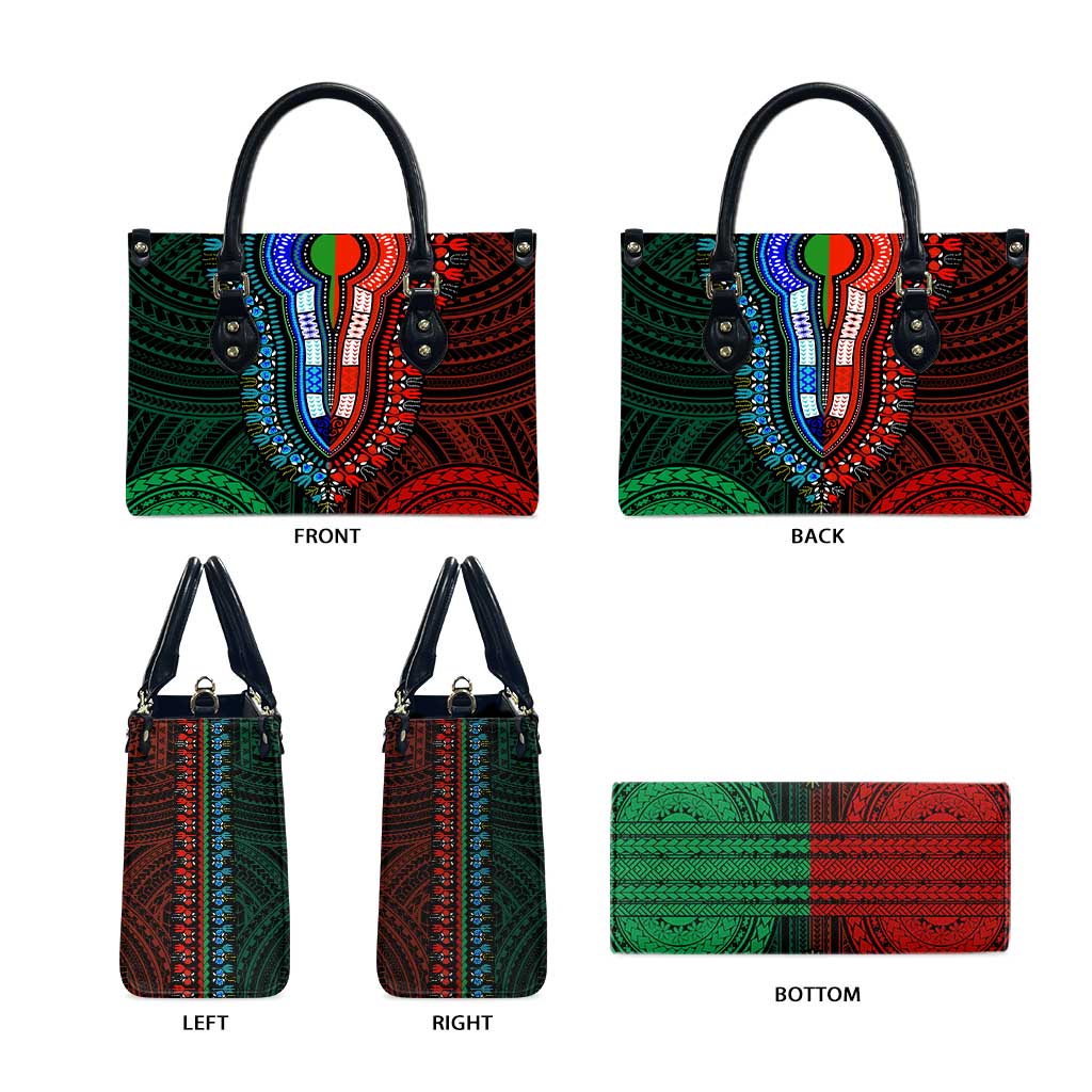African Dashiki and Polynesian Pattern Leather Bag Half Green-Red