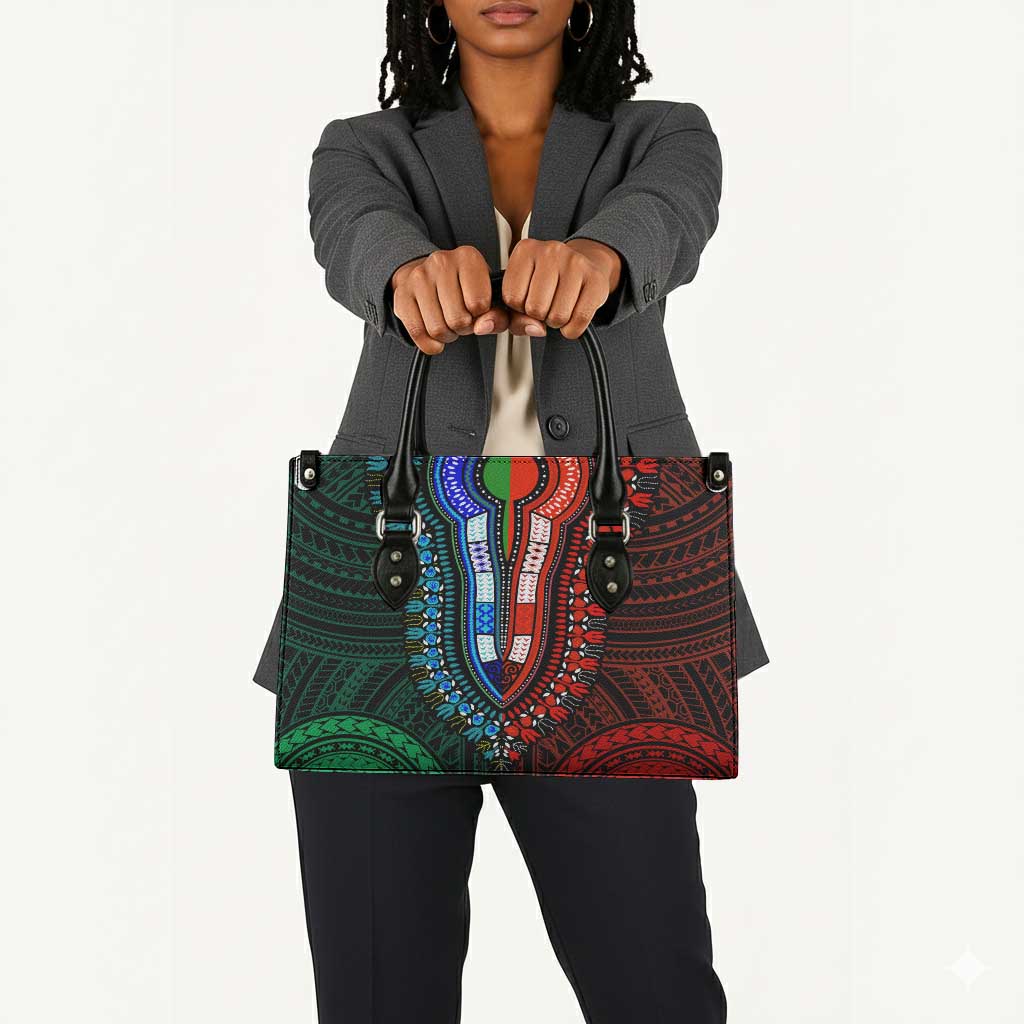 African Dashiki and Polynesian Pattern Leather Bag Half Green-Red