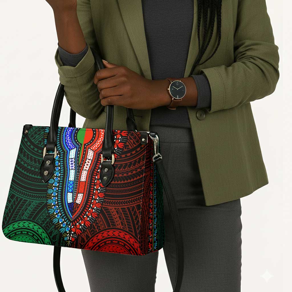 African Dashiki and Polynesian Pattern Leather Bag Half Green-Red