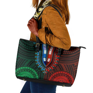 African Dashiki and Polynesian Pattern Leather Tote Bag Half Green-Red