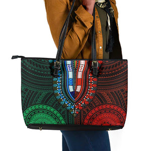 African Dashiki and Polynesian Pattern Leather Tote Bag Half Green-Red