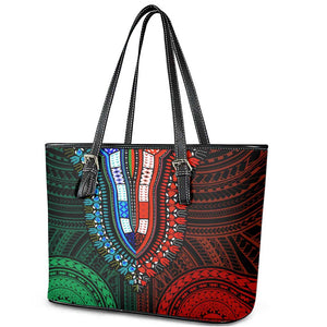 African Dashiki and Polynesian Pattern Leather Tote Bag Half Green-Red