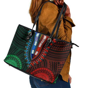 African Dashiki and Polynesian Pattern Leather Tote Bag Half Green-Red