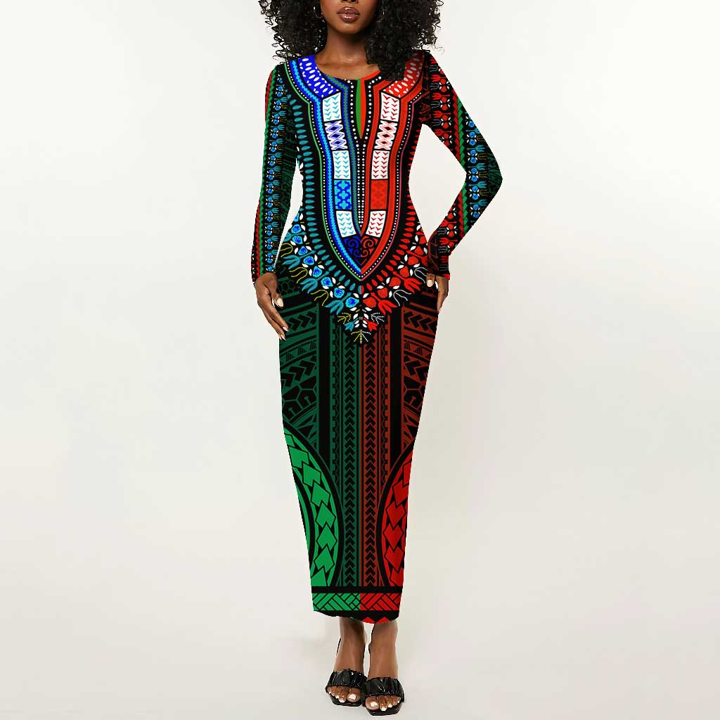 African Dashiki and Polynesian Pattern Long Sleeve Bodycon Dress Half Green-Red