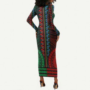 African Dashiki and Polynesian Pattern Long Sleeve Bodycon Dress Half Green-Red