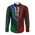 African Dashiki and Polynesian Pattern Long Sleeve Button Shirt Half Green-Red