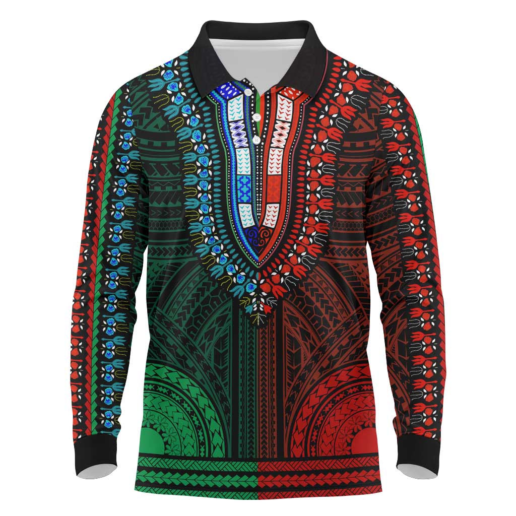 African Dashiki and Polynesian Pattern Long Sleeve Polo Shirt Half Green-Red