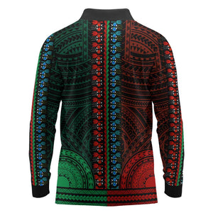 African Dashiki and Polynesian Pattern Long Sleeve Polo Shirt Half Green-Red