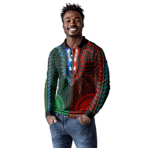 African Dashiki and Polynesian Pattern Long Sleeve Polo Shirt Half Green-Red