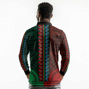 African Dashiki and Polynesian Pattern Long Sleeve Polo Shirt Half Green-Red