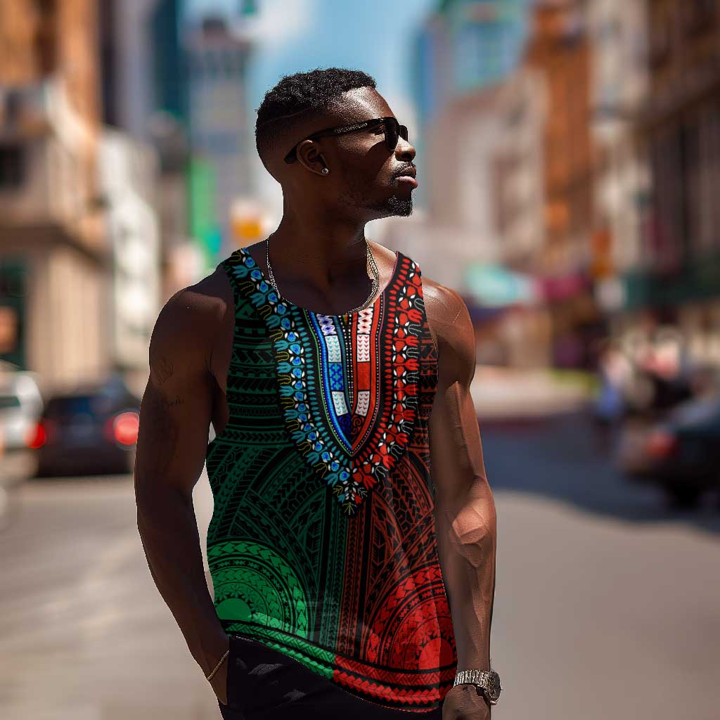 African Dashiki and Polynesian Pattern Men Tank Top Half Green-Red