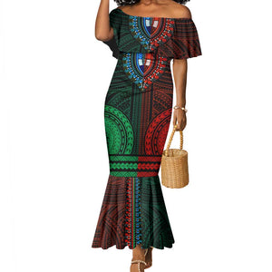 African Dashiki and Polynesian Pattern Mermaid Dress Half Green-Red