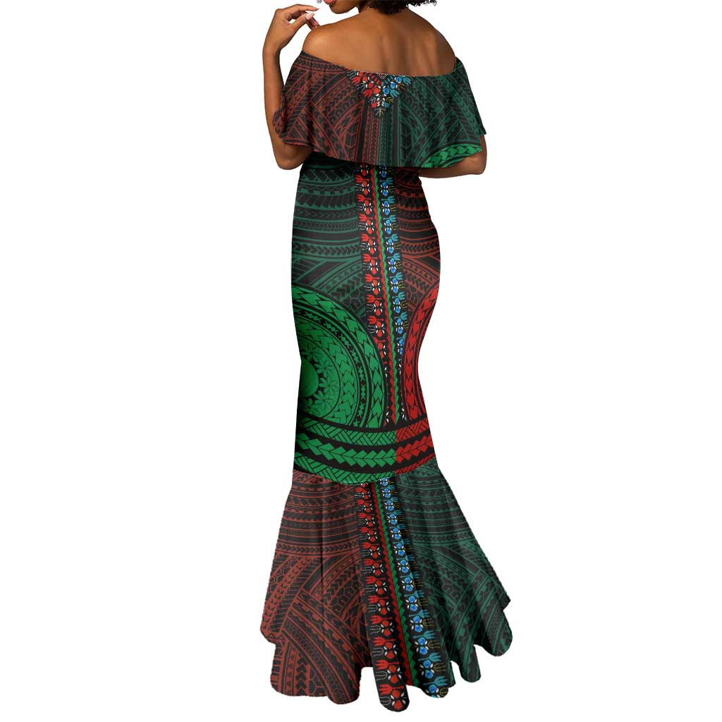 African Dashiki and Polynesian Pattern Mermaid Dress Half Green-Red