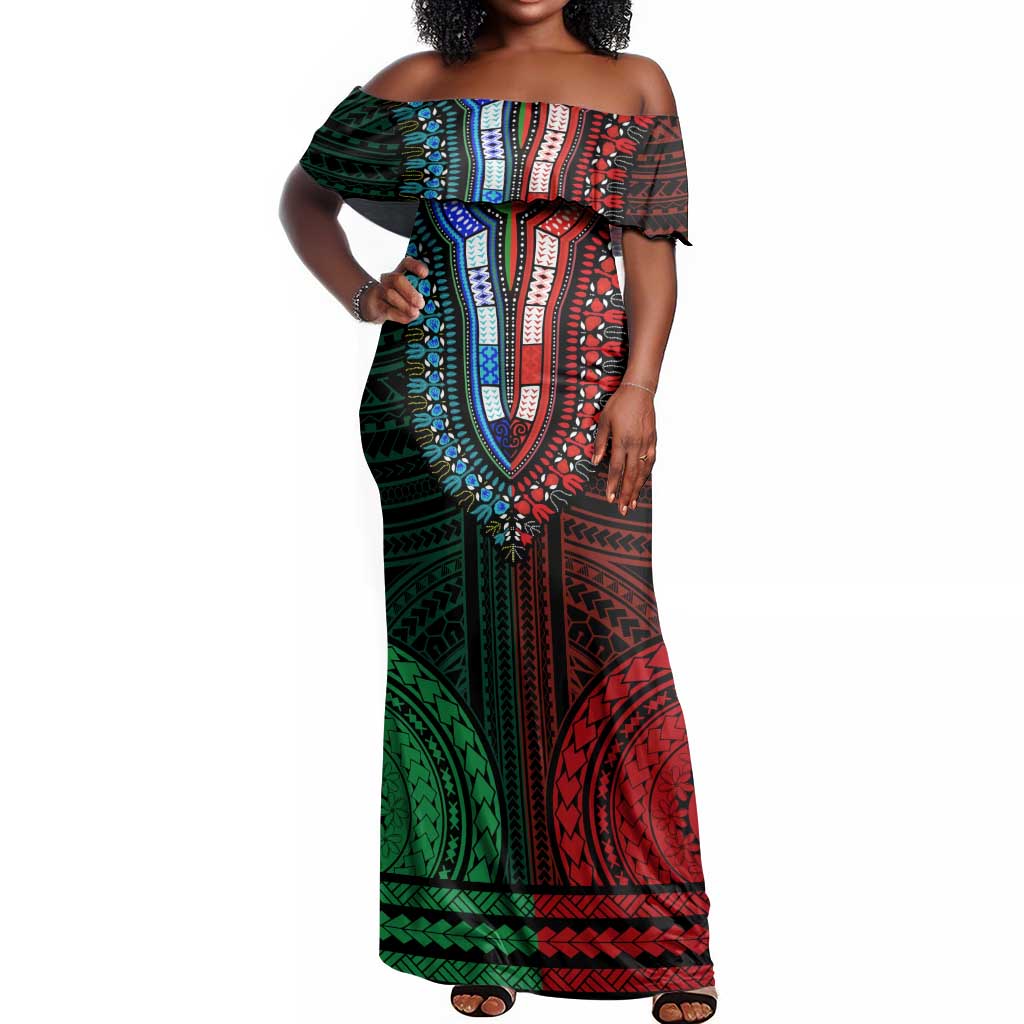 African Dashiki and Polynesian Pattern Off Shoulder Maxi Dress Half Green-Red