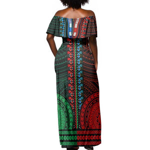 African Dashiki and Polynesian Pattern Off Shoulder Maxi Dress Half Green-Red