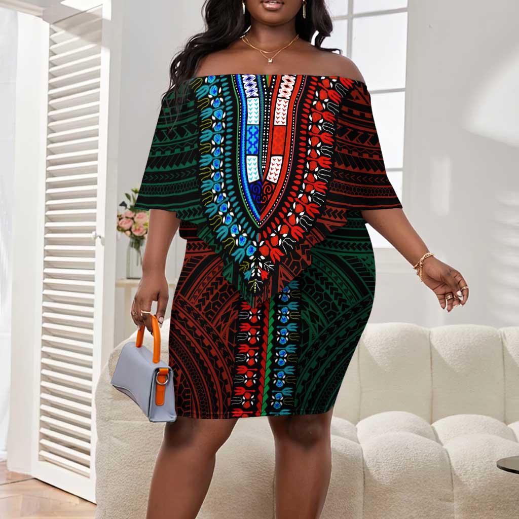 African Dashiki and Polynesian Pattern Off Shoulder Short Dress Half Green-Red