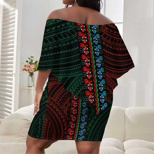 African Dashiki and Polynesian Pattern Off Shoulder Short Dress Half Green-Red