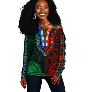 African Dashiki and Polynesian Pattern Off Shoulder Sweater Half Green-Red