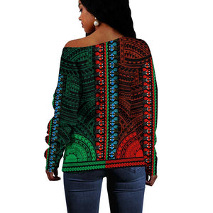 African Dashiki and Polynesian Pattern Off Shoulder Sweater Half Green-Red