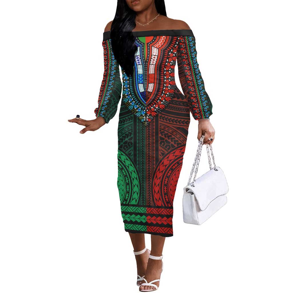 African Dashiki and Polynesian Pattern Off The Shoulder Long Sleeve Dress Half Green-Red