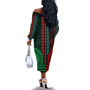 African Dashiki and Polynesian Pattern Off The Shoulder Long Sleeve Dress Half Green-Red