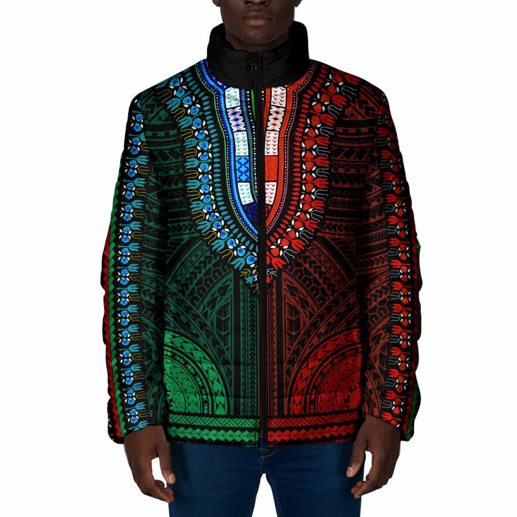 African Dashiki and Polynesian Pattern Padded Jacket Half Green-Red