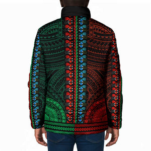 African Dashiki and Polynesian Pattern Padded Jacket Half Green-Red