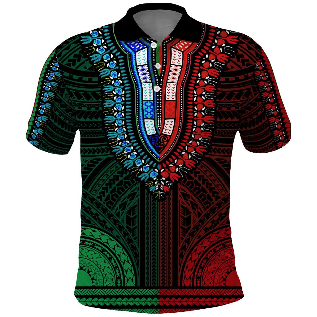 African Dashiki and Polynesian Pattern Polo Shirt Half Green-Red