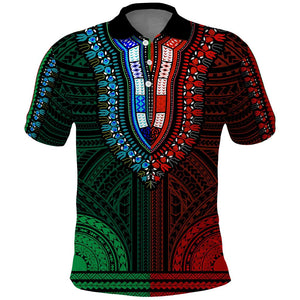 African Dashiki and Polynesian Pattern Polo Shirt Half Green-Red