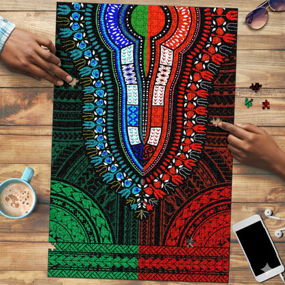 African Dashiki and Polynesian Pattern Puzzle Half Green-Red