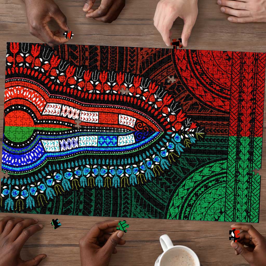 African Dashiki and Polynesian Pattern Puzzle Half Green-Red