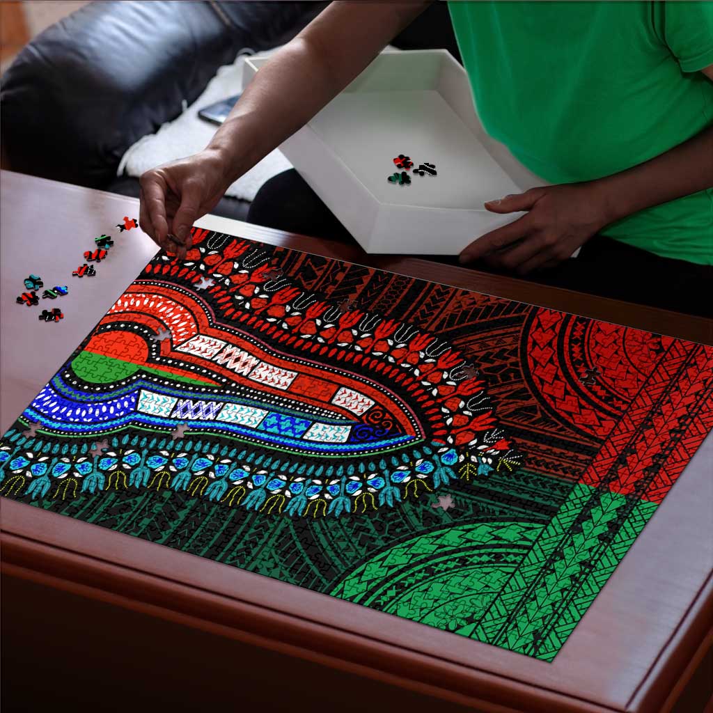 African Dashiki and Polynesian Pattern Puzzle Half Green-Red