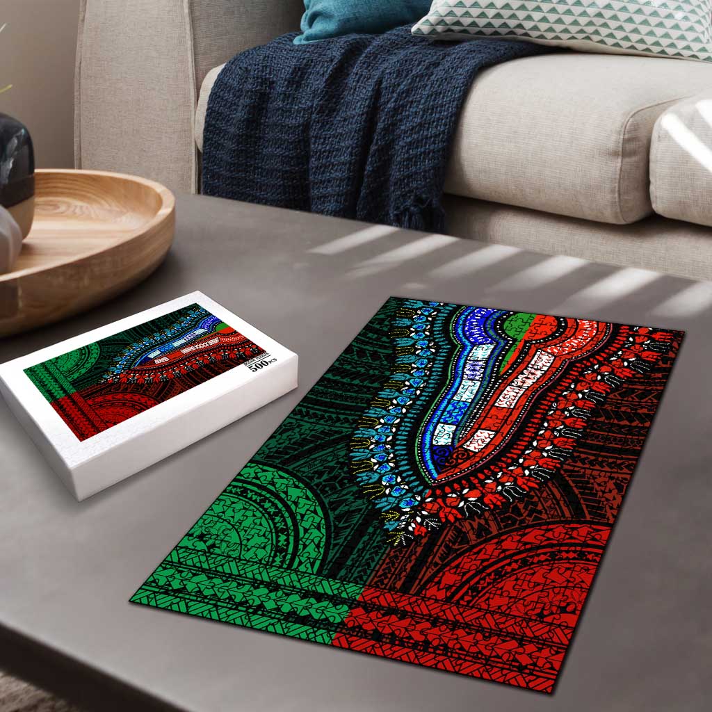 African Dashiki and Polynesian Pattern Puzzle Half Green-Red