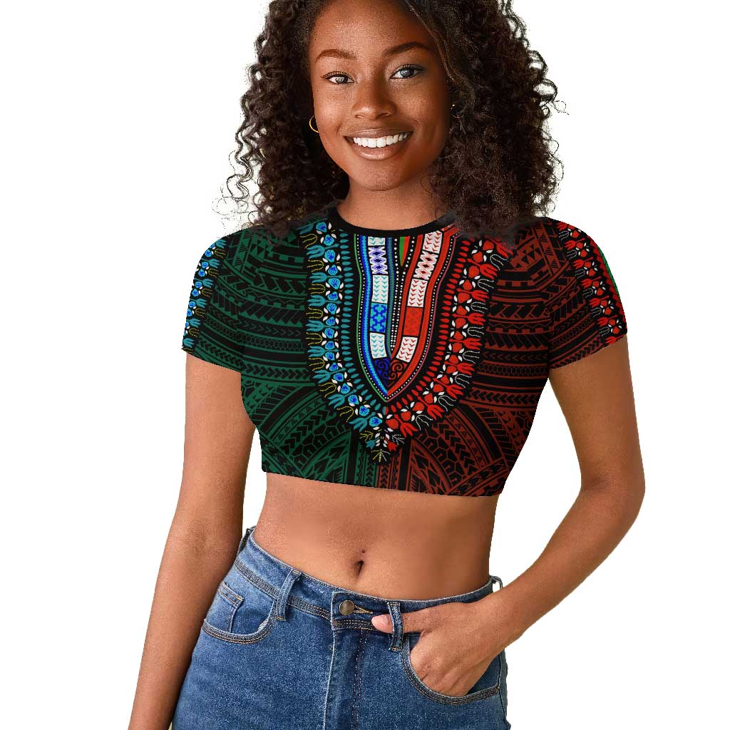 African Dashiki and Polynesian Pattern Raglan Cropped T shirt Half Green-Red