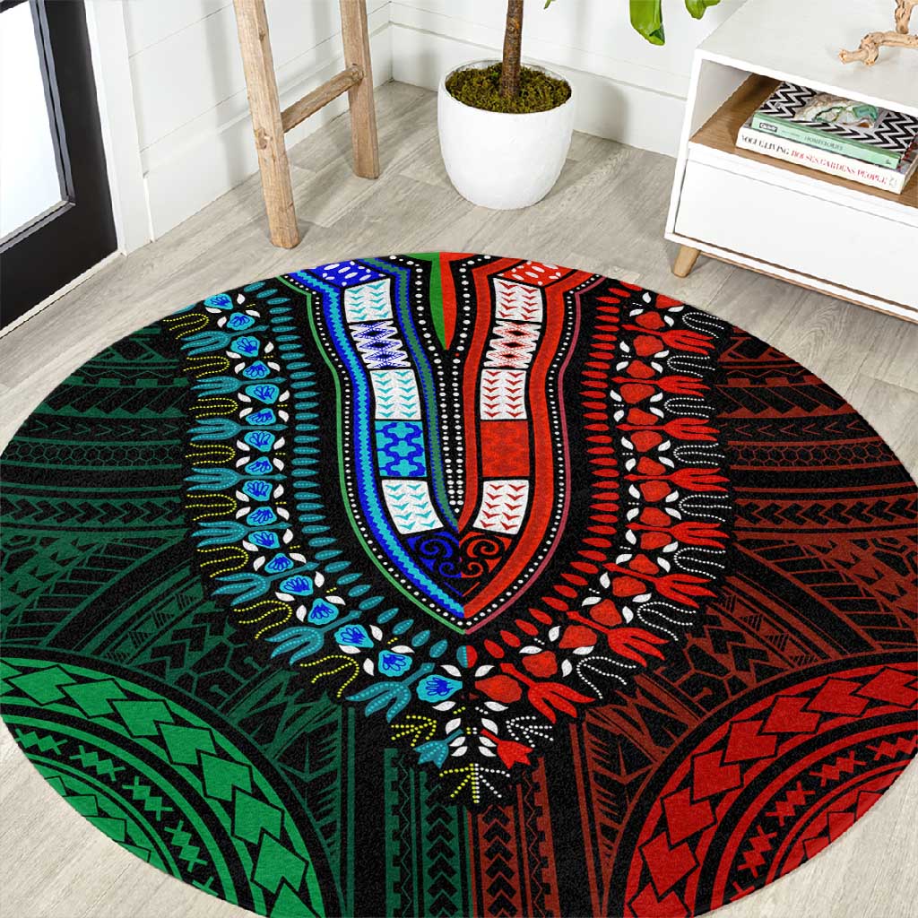 African Dashiki and Polynesian Pattern Round Carpet Half Green-Red