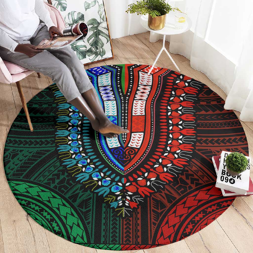 African Dashiki and Polynesian Pattern Round Carpet Half Green-Red
