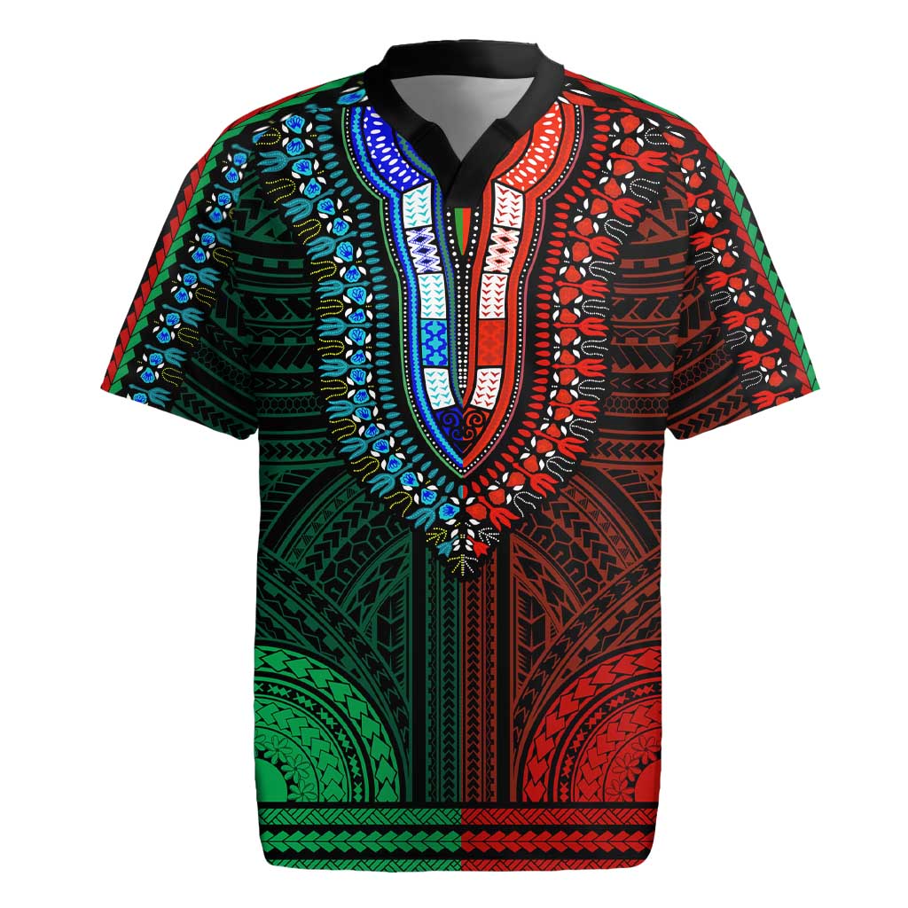 African Dashiki and Polynesian Pattern Rugby Jersey Half Green-Red