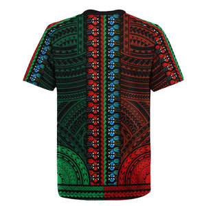 African Dashiki and Polynesian Pattern Rugby Jersey Half Green-Red